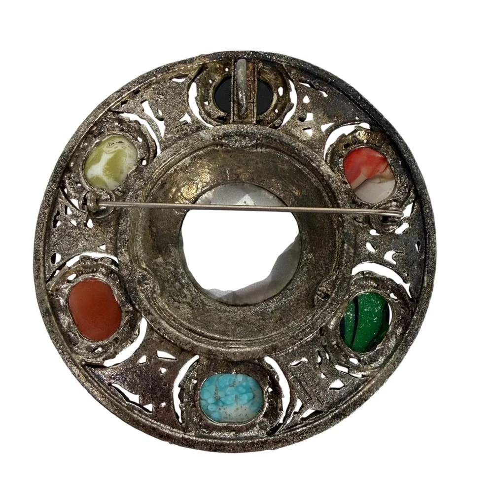 Miracle Vintage‎ Celtic Brooch Red Glass Multi Stone Silver Tone Scottish Pin